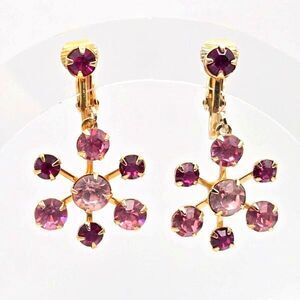 Vintage Goldtone with Sparkly Pink and Purple Rhinestone Dangle Clip On Earrings